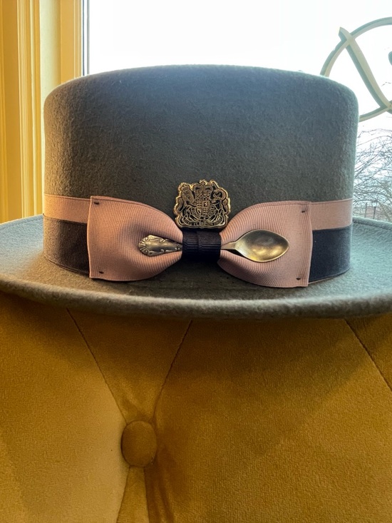 Other - Gray Felt Porkpie Hat with Lavender Ribbon and Decorative Silver Spoon